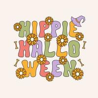 Hippie halloween hand drawn lettering in retro groovy 70s style. Vector illustration. Pastel colors