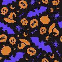 Seamless pattern with halloween silhouette elements in mustard and blue colors on a black background. Flat design. Vector illustration