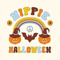 Hippie groovy halloween vector illustration isolated on a light background. Retro graphic print with pumpkin, rainbow, peace symbol and text in style 70s, 80s