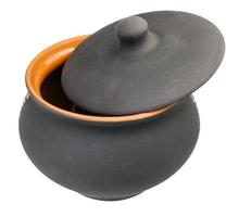 ceramic pot with slightly open lid isolated photo