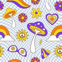 Retro groovy seamless pattern with cute flowers and mushrooms on a checkered background. Vector illustration in style hippie 70s, 80s