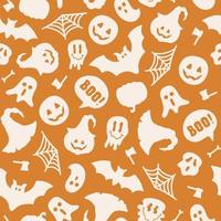 Monochrome seamless pattern with halloween silhouette elements on a orange background. Vector illustration