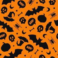 Halloween seamless pattern with bat, ghost, spider, pumpkin. Funny black flat silhouette elements on a orange background. Colorful vector illustration