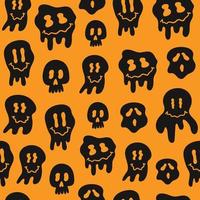 Hippie groovy melting smile black faces on a orange background. Funny Halloween seamless pattern. Vector retro print