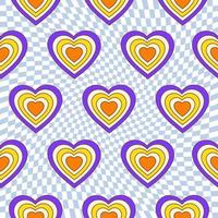 Seamless pattern with hearts shaped tunnel on a checkered background. Modern illustration for decoration. Retro vector print in style 60s, 70s