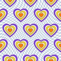 Seamless pattern with hearts shaped tunnel on a checkered background. Modern illustration for decoration. Retro vector print in style 60s, 70s