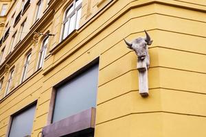 culpture on wall of apartment house in Brno town photo