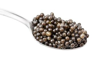 spoon with black sturgeon caviar isolated on white photo