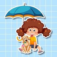 personaje de dibujos animados de niña linda con estilo de pegatina de paraguas vector