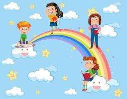 niños felices en el cielo con arco iris vector