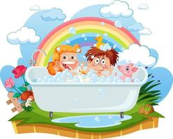 Kids playing bubbles in bathtub vector