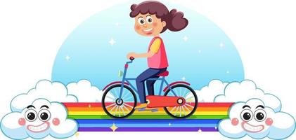 niños montando bicicleta en arcoiris vector