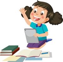 una niña que usa una tableta para aprender en línea vector
