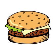 Hand-drawn simple vector color drawing. Burger isolated on white background. For menu prints, labels, packaging. Fast food, diner, cafe.