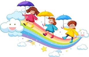 niños caminando en el arcoiris vector