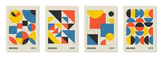 Set of 4 minimal vintage 20s geometric design posters, wall art, template, layout with primitive shapes elements. Bauhaus retro pattern background, vector abstract circle, triangle and square line art