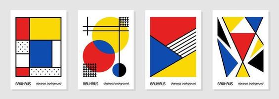 Set of 4 minimal vintage 20s geometric design posters, wall art, template, layout with primitive shapes elements. Bauhaus retro pattern background, vector abstract circle, triangle and square line art