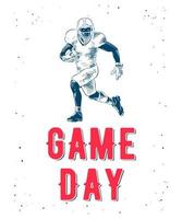 Vector engraved style illustration for posters, decoration and print. Hand drawn sketch of american football player with modern typography on white background. Detailed vintage etching style drawing.