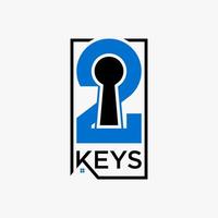 Simple and unique letter or word 2 KEYS font with roof house and key hole image graphic icon logo design abstract concept vector stock. Can be used as symbol related to typography or property