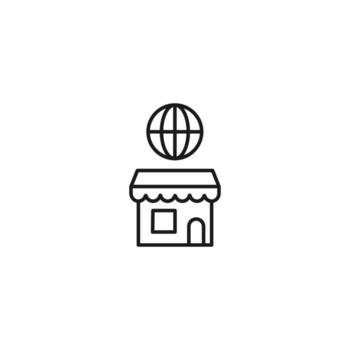 Store and shop concept. Outline sign suitable for web sites, stores, shops, internet, advertisement. Editable stroke drawn with thin line. Icon of globe over shop vector