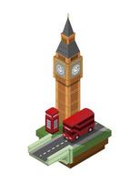 edificio big ben con cabina telefónica y autobús de dos pisos famoso punto de referencia en londres, inglaterra ilustración vector isométrico