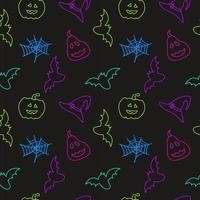 Seamless pattern with a bright neon contour of pumpkins, bat, hat and web on dark  background for halloween. vector