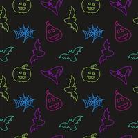 Seamless pattern with a bright neon contour of pumpkins, bat, hat and web on dark  background for halloween. vector