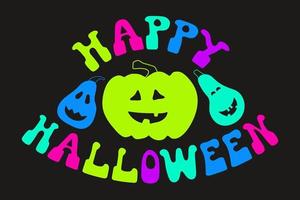 inscripción feliz halloween con calabazas en colores neón vector