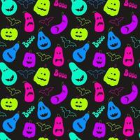 Seamless pattern with a bright neon pumpkins, bats on dark background for halloween. vector