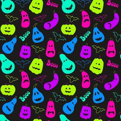 Seamless pattern with a bright neon pumpkins, bats on dark background for halloween.