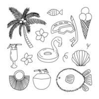 Summer doodle stickers set.  Vector hand drawn summer items. Doodle snorkeling set