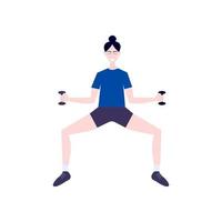 Happy woman doing fitness exercise with dumb-bells illustration. Vector flat style fitness woman isolated