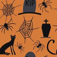 Scary Halloween seamless pattern. Vector black cat, grave, spider, spiderweb isolated on orange background. Design for Halloween decor, textile, wrapping paper, wallpapers, sticker, greeting cards.