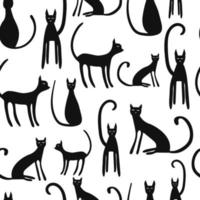 Black cat vector seamless pattern. Halloween decor, wrapping paper, textile. Cats isolated on white background.