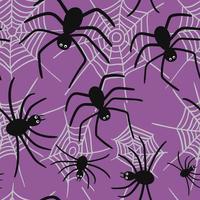 Spiders web seamless pattern. Vector spider isolated on purple background. Halloween pattern.