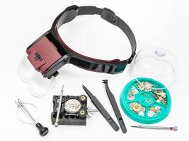 above view of various tools with head-mounted lens photo