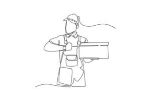 Continuous one line drawing delivery man with hand watch holding cardboard box. Timer concept. Single line draw design vector graphic illustration.