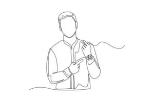 Continuous one line drawing man in worker pointing at wrist watch. Timer concept. Single line draw design vector graphic illustration.