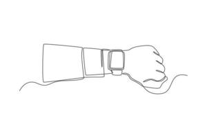 Continuous one line drawing businessman looking his hand watch. Timer concept. Single line draw design vector graphic illustration.