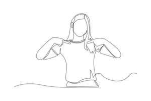 Single one line drawing confident girl pointing fingers down to show advertisement. Pointing concept. Continuous line draw design graphic vector illustration.