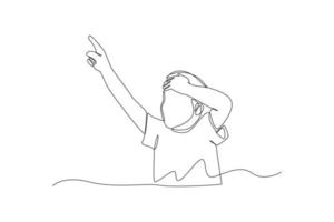 Single one line drawing happy boy looking up and pointing with his finger. Pointing concept. Continuous line draw design graphic vector illustration.