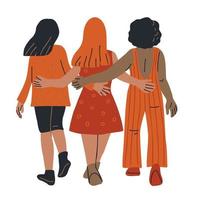 Three female friends walking together. View from behind. Hand drawn cartoon vector illustration