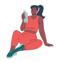 Woman drinking water during or after a workout. Female character staying hydrated. Hand drawn vector illustration