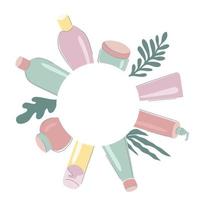 marco de círculo de productos de belleza. botellas y tubos cosméticos dispuestos en forma redonda. ilustración vectorial dibujada a mano vector