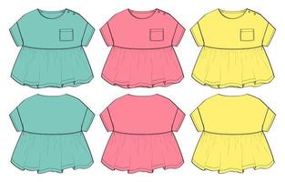 Baby girls dress design technical Flat sketch vector illustration template. Apparel clothing Mock up front and back views