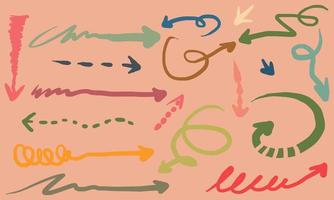 Various Doodle Arrows colorful with direction pointers Shapes and Objects. hand drawn vector illustration