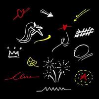 Hand drawn doodle vector design element set. firework, swoops, swirl, arrow, heart, love, crown, flower, star, starburst, ribbon, highlight text and emphasis element