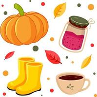 conjunto de artículos de otoño. una calabaza una taza de bebida caliente un tarro de mermelada, botas de goma vector