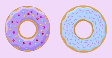 a simple group of doughnut. Bright sweet donuts. Colored and multicolored donuts on a pink background. Vector illustration