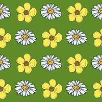Seamless pattern with cozy buttercups and chamomile on green background. Vector image.